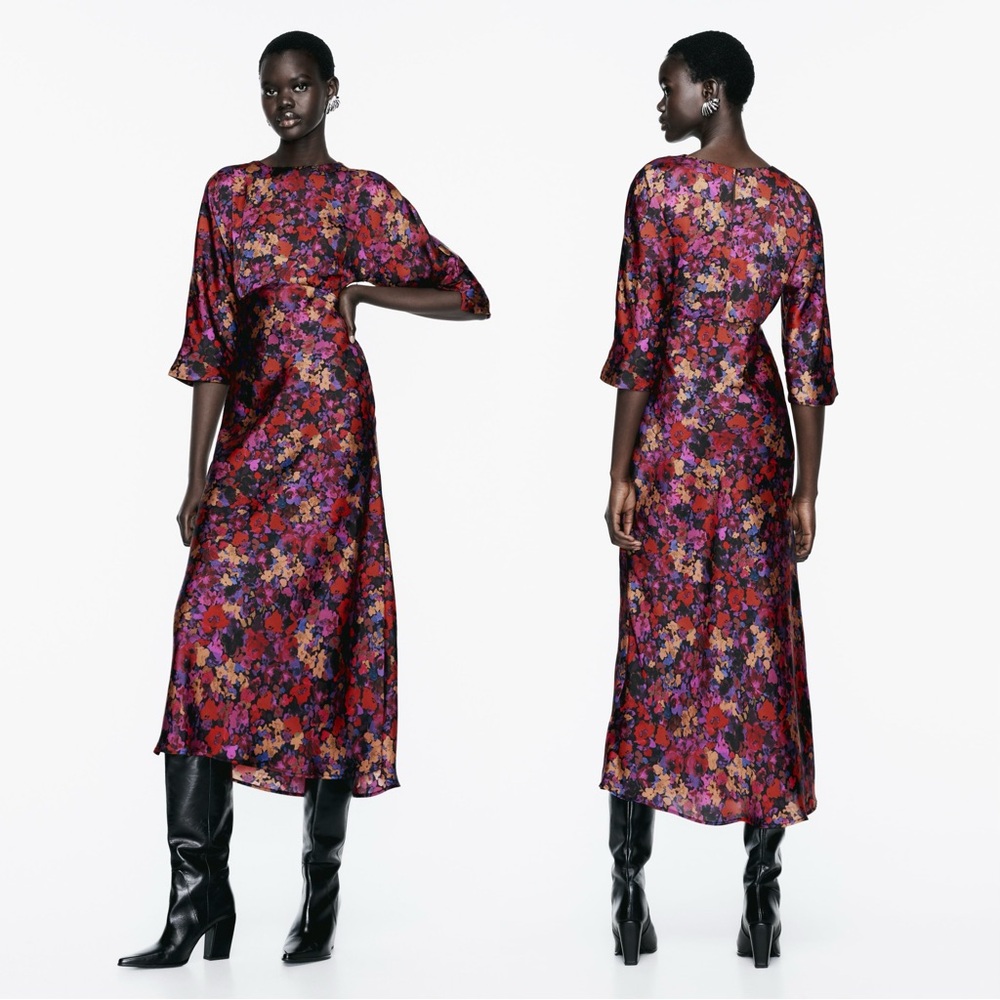 Zara Floral Midi Dress in Red and Purple